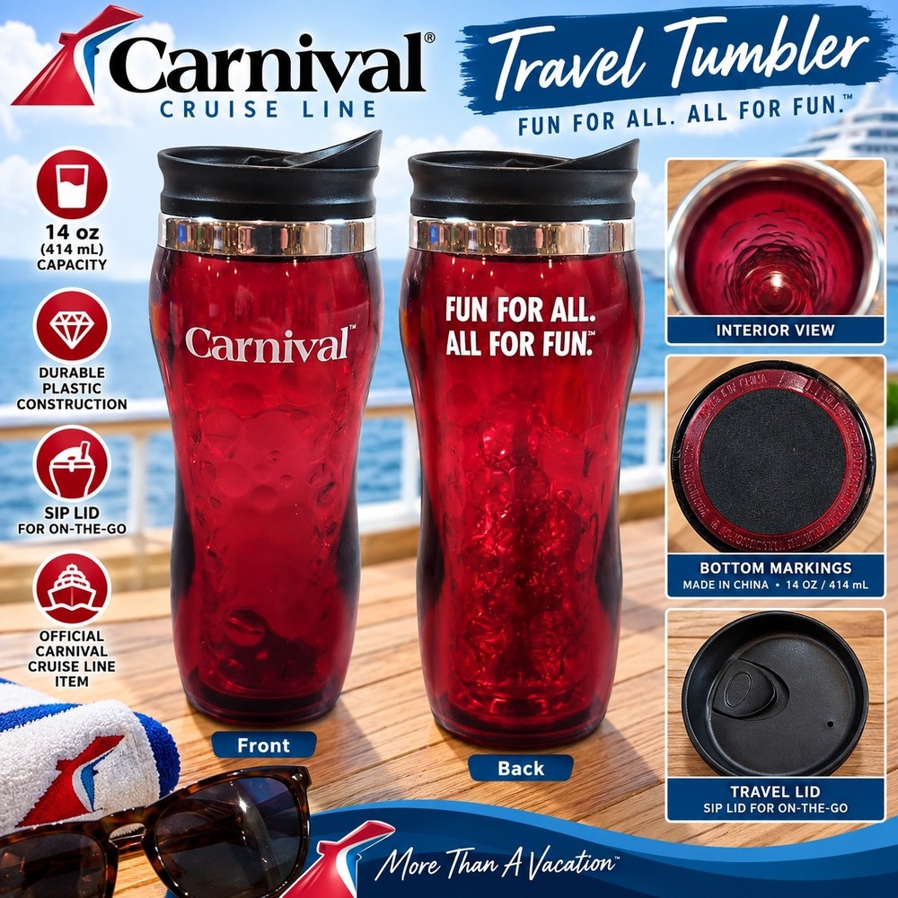 Carnival Cruise Line Travel Tumbler 14oz Red Plastic Fun For All All For Fun Lid